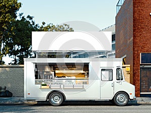 White food truck with detailed interior. Takeaway food and drinks. 3d rendering.