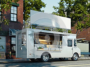 White food truck with detailed interior. Takeaway food and drinks. 3d rendering.