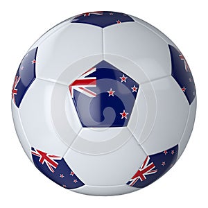 White football ball with New Zealand flag on white background. Isolated. Leather soccer ball. Classic ball with patches. Flags of