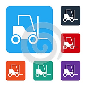 White Forklift truck icon isolated on white background. Fork loader and cardboard box. Cargo delivery, shipping