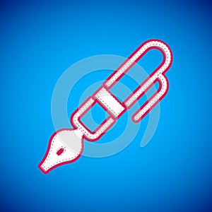 White Fountain pen nib icon isolated on blue background. Pen tool sign. Vector