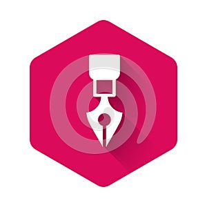 White Fountain pen nib icon isolated with long shadow background. Pen tool sign. Pink hexagon button. Vector