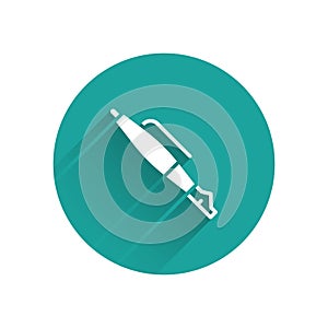 White Fountain pen nib icon isolated with long shadow. Pen tool sign. Green circle button. Vector