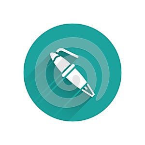 White Fountain pen nib icon isolated with long shadow. Pen tool sign. Green circle button. Vector