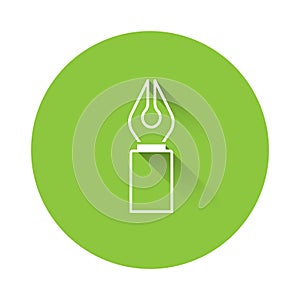 White Fountain pen nib icon isolated with long shadow. Pen tool sign. Green circle button. Vector