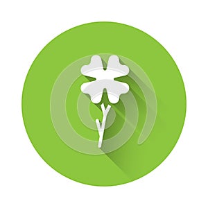 White Four leaf clover icon isolated with long shadow. Happy Saint Patrick day. Green circle button. Vector