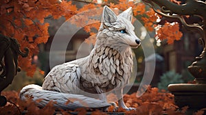 White fox in autumn color kimono, wooden art, subsurface scattering, AI Generative