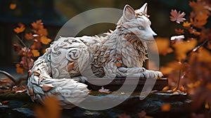 White fox in autumn color kimono, wooden art, subsurface scattering, AI Generative