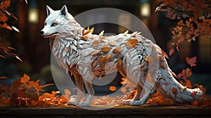 White fox in autumn color kimono, wooden art, subsurface scattering, AI Generative