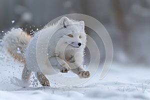 A white fox energetically moving through a snowy landscape
