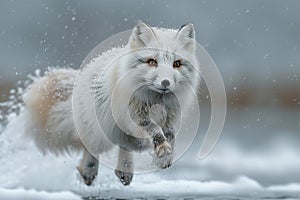 A white fox energetically running through the snow in the Arctic