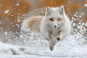 A white fox is energetically running through the snow in an arctic landscape