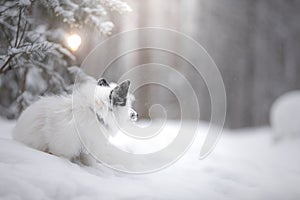 White fox fur in the snow in winter