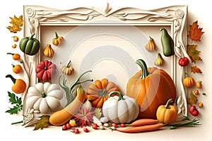 White frame with autumn harvest or Thanksgiving day pumpkins, fall leaves and fruits, generative ai