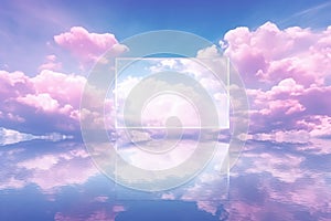 White frame and Blue sky with clouds reflected in water. Nature background