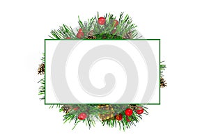 The white frame is embedded in the Christmas wreath, green decorated branches of coniferous wood, postcard, greeting, place under