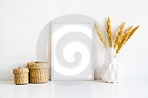 White frame and home decoration details on tabletop with wall, artwork poster mock-up