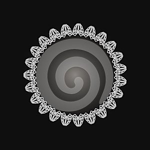 White frame with lace ornament in circle on black background. Art deco. Luxury round mandala, hand draw design. Ethnic motif.