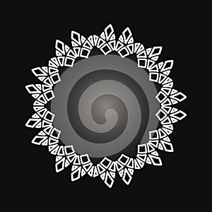 White frame with lace ornament in circle on black background. Art deco. Luxury round mandala, hand draw design. Ethnic motif.