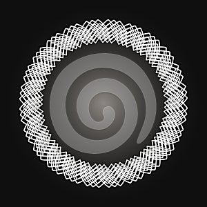 White frame with lace ornament in circle on black background. Art deco. Luxury round mandala, hand draw design. Ethnic motif.