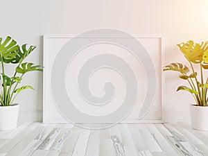 White frame leaning on floor in interior mockup. Template of a picture framed on a wall 3D rendering