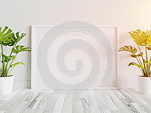 White frame leaning on floor in interior mockup. Template of a picture framed on a wall 3D rendering