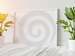 White frame leaning on floor in interior mockup. Template of a picture framed on a wall 3D rendering