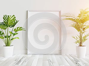 White frame leaning on floor in interior mockup. Template of a picture framed on a wall 3D rendering