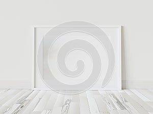 White frame leaning on floor in interior mockup. Template of a picture framed on a wall 3D rendering