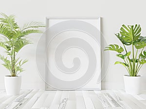 White frame leaning on floor in interior mockup. Template of a picture framed on a wall 3D rendering