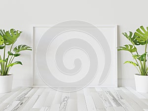 White frame leaning on floor in interior mockup. Template of a picture framed on a wall 3D rendering