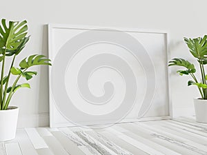 White frame leaning on floor in interior mockup. Template of a picture framed on a wall 3D rendering