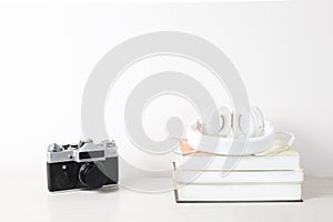 White frame mock up on a book shelf isolated on white background