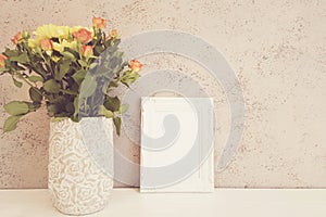 White Frame Mock Up, Digital MockUp, Display Mockup, Styled Stock Photography Mockup, Colorful Desktop Mock Up. Rustic vase with o