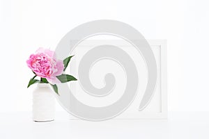 White frame mockup 4:5 ratio with pink peony