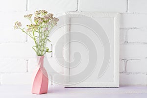 White frame mockup with creamy pink flowers in swirled vase