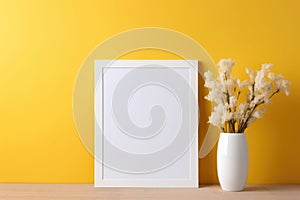 White frame mockup with decorative dried flowers in a vase