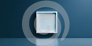 A white frame is standing in front of a blue wall