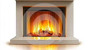Modern Fireplace with Burning Logs Isolated on White