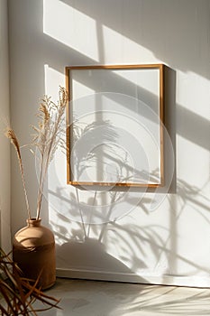 A white framed picture sits on a wall next to a vase of dried grass