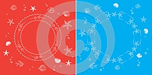 White frames with fish and seashells - red and blue vector abstract backgrounds