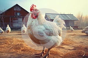 white free range chicken stands on a farm, blurred background