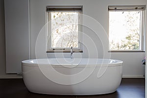 White freestanding bathtub in designed modern bathroom