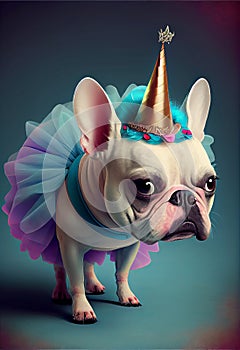 White French bulldog dog dressed in blue tutu and with a unicorn horn on his head.