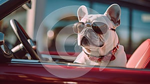 White French Bulldog, wearing sunglasses, driving an open top car, Generative AI