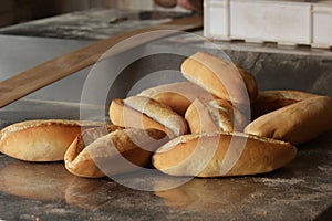 White freshly baked bread loaves.