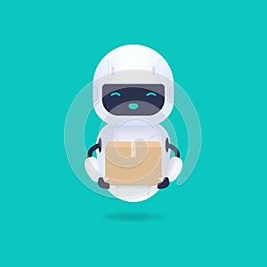 White friendly android robot holding a parcel.