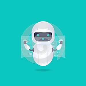 White friendly android robot with HUD interface screen. Cute and smile AI robot.