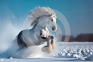 white Friesian stallion galloping field