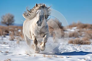 white Friesian stallion galloping field